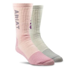 Ariat Sock Midweight Merino Blend for Steel Toe Crew Pink & Oatmeal SM 2pk